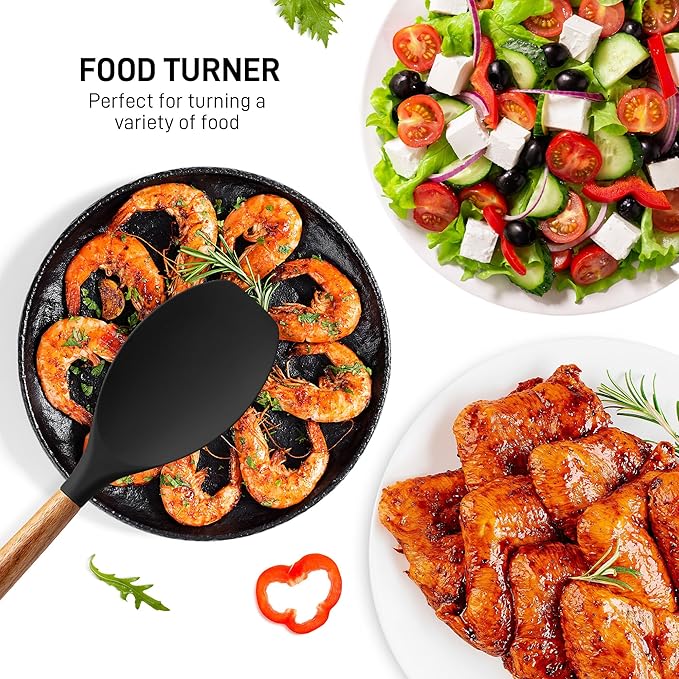 Zulay Kitchen Non-Stick Cooking Utensils Set with Authentic Acacia Wood Handles – 5-Piece Durable & Stylish Silicone Kitchen Utensils Set – Heat Resistant to 464°F – Black - Image 6