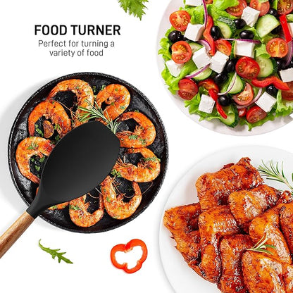 Zulay Kitchen Non-Stick Cooking Utensils Set with Authentic Acacia Wood Handles – 5-Piece Durable & Stylish Silicone Kitchen Utensils Set – Heat Resistant to 464°F – Black - Image 6