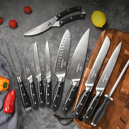 18 Pieces Damascus Kitchen Knife Set, 8 Piece Steak Knives, Non-slip ABS Ergonomic Triple Rivet Handle for Meat Fork, Knife Sharpener and Shears, 17 Slots Wooden Knife Block