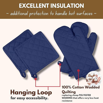 Native Fab 4 Piece Set - 2 Oven Mitts & 2 Potholders, Heat Resistant, 100% Cotton, Quilted Design, Non-Slip Grip, Machine Washable, Ideal for Baking, Cooking, BBQ, Kitchen Protection - Ink Blue - Image 5