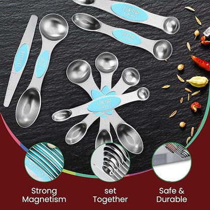 Magnetic Measuring Spoons Set of 9 Stainless Steel Dual-Sided Stackable Measuring Spoon Nesting Teaspoons Measuring Dry and Liquid Ingredients, Fits in Spice Jars Set of 9 (Blue Aqua Sky) - Image 6