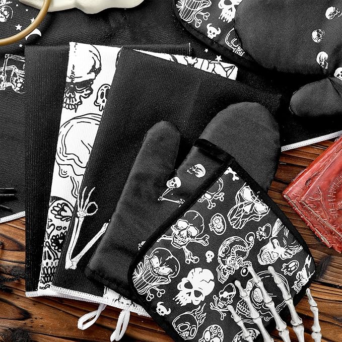 Leinuosen 8 Pcs Skull Kitchen Decor Set Kitchen Towels Gothic Oven Mitts and Pot Holders Skeleton Hand Dish Towels Horror Oven Mitts for Home Decoration Party Gifts (Black and White,Skeleton) - Image 7