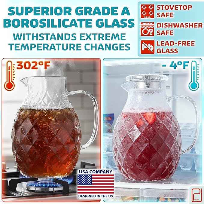 Premium Borosilicate Glass Pitcher with Lid and Spout - 2 Liter / 68 oz, Borosilicate Glass with Handle - Carafe for Hot/Cold Beverages - Water Jug - Iced Tea Pitcher - Juice Server