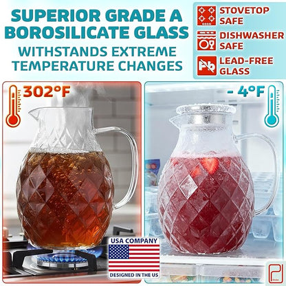 Premium Borosilicate Glass Pitcher with Lid and Spout - 2 Liter / 68 oz, Borosilicate Glass with Handle - Carafe for Hot/Cold Beverages - Water Jug - Iced Tea Pitcher - Juice Server