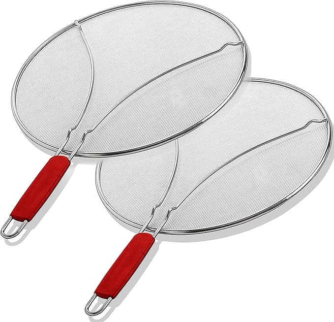 ALPHA LIVING 2 Pack Splatter Guard for Frying Pan & Food Strainer and Universal Cookware 13" - Stops Hot Oil Splash - RED Handle - Splatter Screen for Cooking - Alpha Living by AlphaLiving