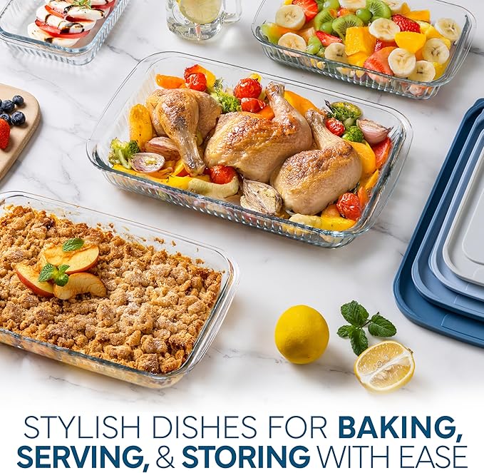 COOK WITH COLOR 8-Piece Deep Glass Baking Dish Set with Plastic Lids – Casserole and Food Storage Containers for Lasagna, Leftovers – Freezer-to-Oven, Microwave & Dishwasher Safe, Fluted Blue - Image 4