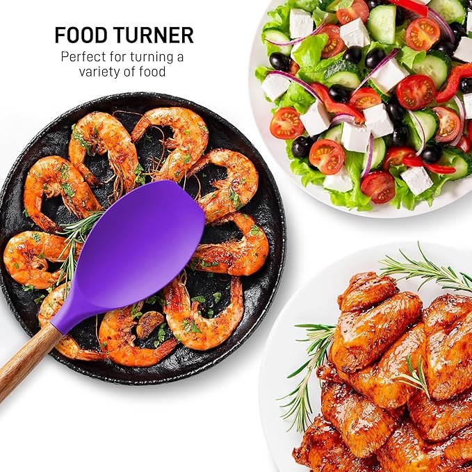 Zulay Kitchen Non-Stick Cooking Utensils Set with Authentic Acacia Wood Handles – 5-Piece Durable & Stylish Silicone Kitchen Utensils Set – Heat Resistant to 464°F – Purple - Image 6