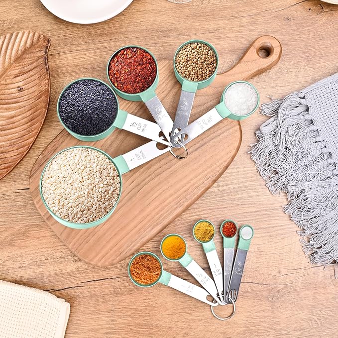 Measuring Cups and Spoons Set, 10 Pieces Nesting Measure Cups and Spoons, Kitchen Essentials Gadgets with Stainless Steel Handle for Dry & Liquid Ingredient (Lake Green 10 Pcs) - Image 6
