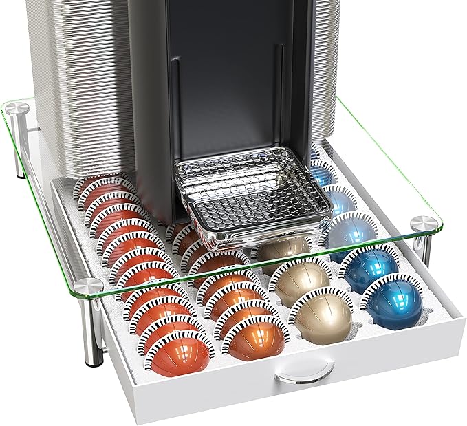DecoBrothers Crystal Tempered Glass Vertuo Pod Holder Drawer, 24 Large or 48 Small Nespresso Capsule Organizer, White by DecoBrothers