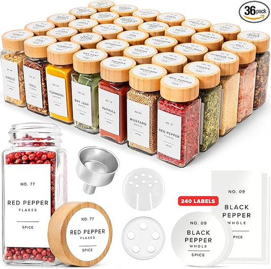 EDELHAUS® Square Spice Jars with Bamboo Wooden Lid (Pack of 36) Spice Jars with Shaker Insert and 240 Labels - Bamboo Lid Glass Container for Spice Organisation [4.3 in × 1.8 in] by EDELHAUS