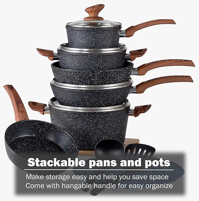Kitchen Academy Induction Cookware Sets - 12 Piece Cooking Pan Set, Granite Black Nonstick Pots and Pans Set - Image 6