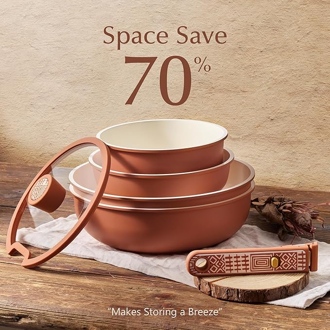 CAROTE 21-Piece Ceramic Cookware Set, Nonstick Pots and Pans Set with Detachable Handle, Non-Toxic Kitchen Cooking Set, Induction Compatible, Dishwasher & Oven Safe, Terracotta - Image 6