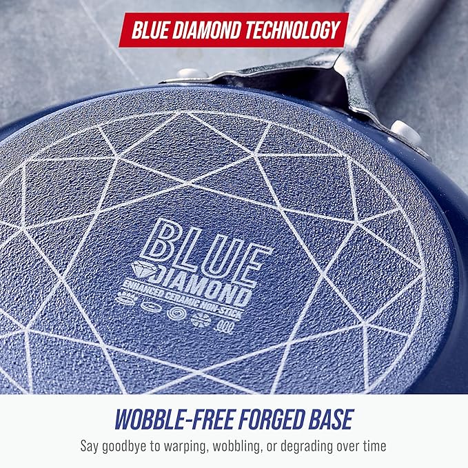 Blue Diamond 5QT Saute Pan with Lid, Non Toxic PFAS-Free Diamond Ceramic Nonstick, Dishwasher & Oven Safe, Metal Utensil Safe, Deep Jumbo Cooker Skillet with Helper Handle, Glass Lid, Blue - Image 7