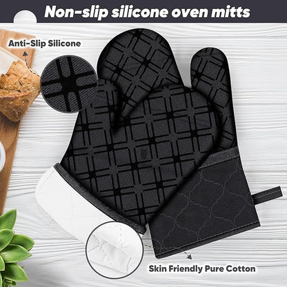 Oven Mitts and Pot Holders Set with Dishcloths, 500 Degree Heat Resistant Oven Gloves and Hot Pads, Premium Soft Cotton Kitchen Mittens and Dish Cloth Sets-Black - Image 3