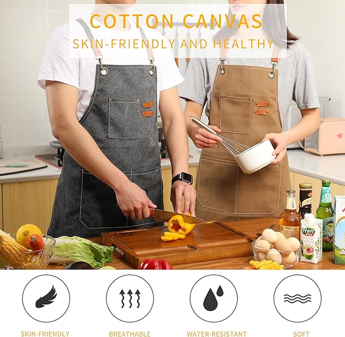 Tosewever Canvas Cross Back Chef Cotton Aprons for Men Women with Large Pockets - Image 5