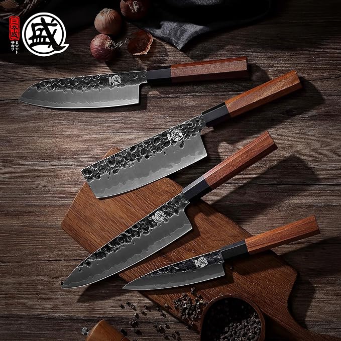 MITSUMOTO SAKARI Japanese Chef's Knife Set 4 Pcs, Professional Hand Forged Kitchen Chef Knife Set, High Carbon Ultra Sharp Cooking Chefs Knife Set (Rosewood Handle & Sandalwood Box) - Image 5
