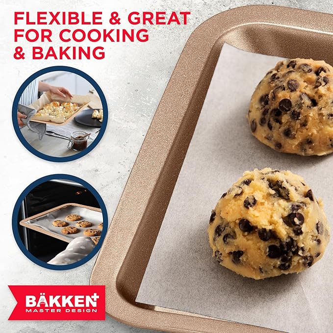 BAKKEN 3-Piece Kitchen Baking Pans - Small, Medium, and Large Cookie Pan, With Nonstick Coating, Stackable and Space-saving Design, PFOA, PFOS, PTFE Free, Oven Safe Tray (Up To 450°F), Brown - Image 6