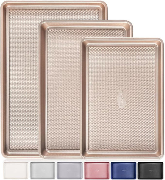 HONGBAKE Baking Sheet Pan Set of 3, Cookie Sheets for Oven, Nonstick Half/Quarter/Jelly Roll Pans with Diamond Texture Pattern, 0.8mm Thick Heavy Duty Cookie Tray, Champagne Gold by HONGBAKE