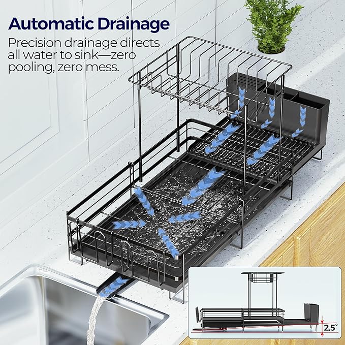 Large Dish Drying Rack, Expandable Dish Rack for Kitchen Counter, Dish Drainer with Drainboard Set, Multifunctional Dishrack with Utensil & Cup Holder, 13.4"-28.7" L x 11.8" W x 9.3" H, Black - Image 4