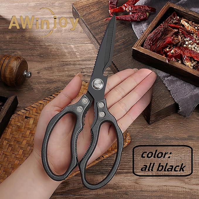 AWinjoy Heavy Duty Sharp Kitchen Scissors - Dishwasher Safe Black Cooking Shears for Meat, Chicken, Fish, Poultry, Herb, Bread (All Black) - Image 4