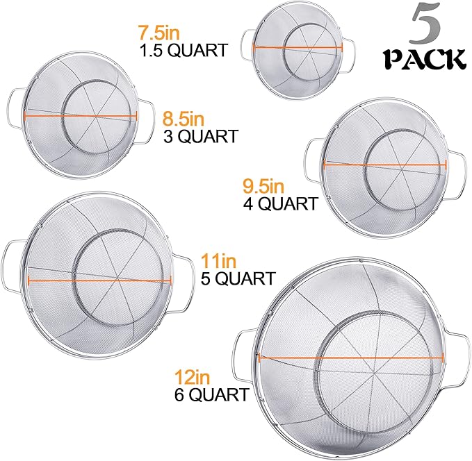 5 Pack 18/8 Stainless Steel Colander Sieves, Multi Size Mesh Strainer Net Baskets with Handles & Resting Base for Strain, Drain, Rinse or Steam - Image 4