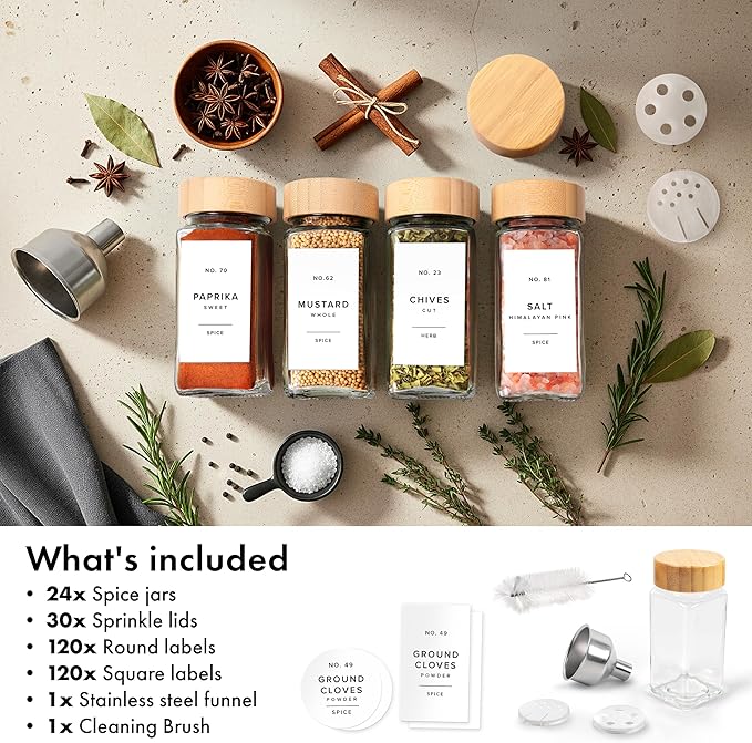 EDELHAUS® Square Spice Jars with Bamboo Wooden Lid (Pack of 24) Spice Jars with Shaker Insert and 240 Labels - Bamboo Lid Glass Container for Spice Organisation [4.3 in × 1.8 in] - Image 9