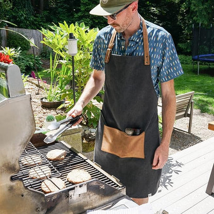 Foster & Rye Cooking Apron for Men with Adjustable Faux Leather Strap, Grilling Apron with Pocket for Football Game Fans, Family BBQ Gatherings, Camping Trips, Tailgate, Outdoor Party
