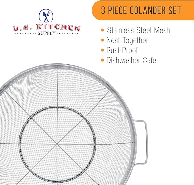 U.S. Kitchen Supply Set of 3 Stainless Steel Colander Strainers Net Baskets 5, 4, & 3-Quart - Colander with Handles & Resting Base - Stainless Steel Sieve, Mesh Strainers and Colanders for Kitchen - Image 4