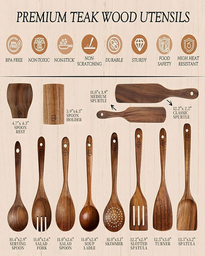 12-Piece Natural Teak Wood Utensil Set with Holder & Rest - Nonstick Cooking Spoons, Spurtles, Heat Resistant Tools - Image 3