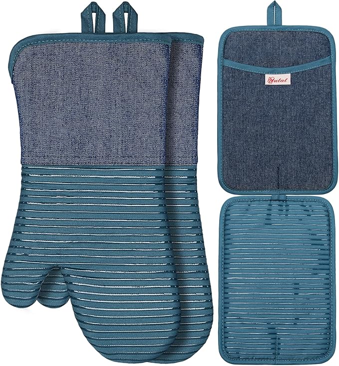 Yutat Oven Mitts, Pot Holders Set of 4 Made with Pure Cotton and Food Grade Non-Slip Silicone - 500 F Heat Resistant Oven Mitts and Pot Holders Sets for Kitchen Cooking (4pcs Set, Pc Blue and Denim) by YUTAT