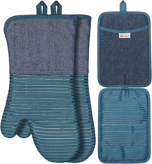 Yutat Oven Mitts, Pot Holders Set of 4 Made with Pure Cotton and Food Grade Non-Slip Silicone - 500 F Heat Resistant Oven Mitts and Pot Holders Sets for Kitchen Cooking (4pcs Set, Pc Blue and Denim) by YUTAT