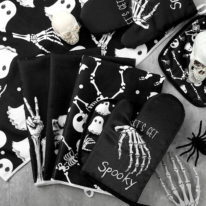Leinuosen 8 Pcs Skull Kitchen Decor Set Kitchen Towels Gothic Oven Mitts and Pot Holders Skeleton Hand Dish Towels Horror Oven Mitts for Home Decoration Party Gifts (Vintage Color,Ghost) - Image 7