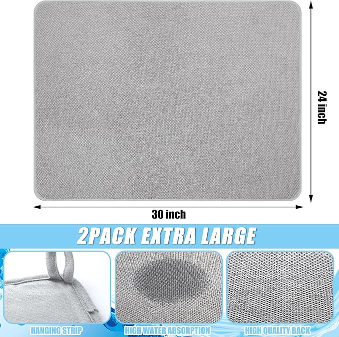 Hushee 2 Pack Extra Large Dish Drying Mat Microfiber Absorbent Dish Drying Pad Large Size Dishes Drainer Mats for Countertop, Sink, Refrigerator or Dryer (30 x 24 Inch,Gray) - Image 2