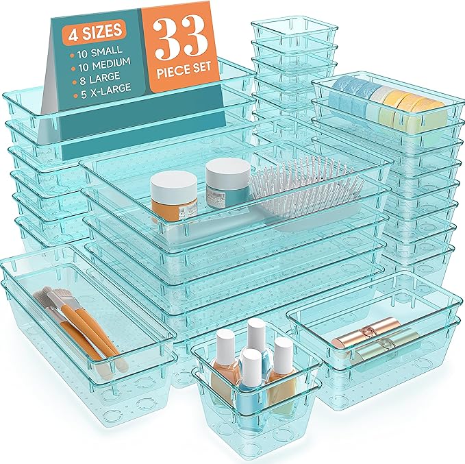 StorMiracle 33 PCS Clear Plastic Drawer Organizers Set, 4 Size Desk Drawer Organizer Trays for Makeup, Jewelry, Kitchen Utensils, Gadgets and Office Accessories, Sea Blue by StorMiracle