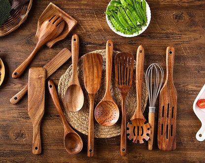 Kitchen Utensils Set, NAYAHOSE 12 Pcs Teak Wooden Cooking Spoons Spatula Spurtles Kit with Spoon Rest Whisk, Non-stick Natural Kitchen Tools