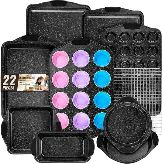 Baking Pans Set Nonstick, Bakeware Sets Stackable with Silicone Handles, AIVIKI 22 Pieces Oven Pan for Cooking Including Baking Cookie Sheet with Rack, Roast Pan, Cake Pan, Loaf Pan, Muffin Pan, Black by AIVIKI