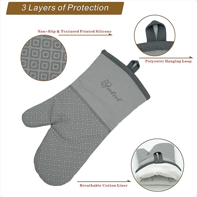 Yutat Oven Mitts - Oven Mitts and Pot Holders Sets Made of Non-Slip Silicone & BPA-Free Silicone, High Heat Resistant 500 Degrees, Perfect for Kitchen Cooking Baking BBQ, 4Pcs Set, Light Grey - Image 3