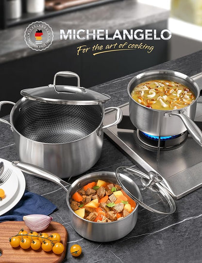 MICHELANGELO 6 Pcs Tri-ply Stainless Steel Pot Set, 2QT & 3QT & 8QT Pot with Lids, Nonstick HoneyComb Interior Cooking Pot Set, Compatible with All Cooktops, Oven & Dishwasher Safe - Image 4