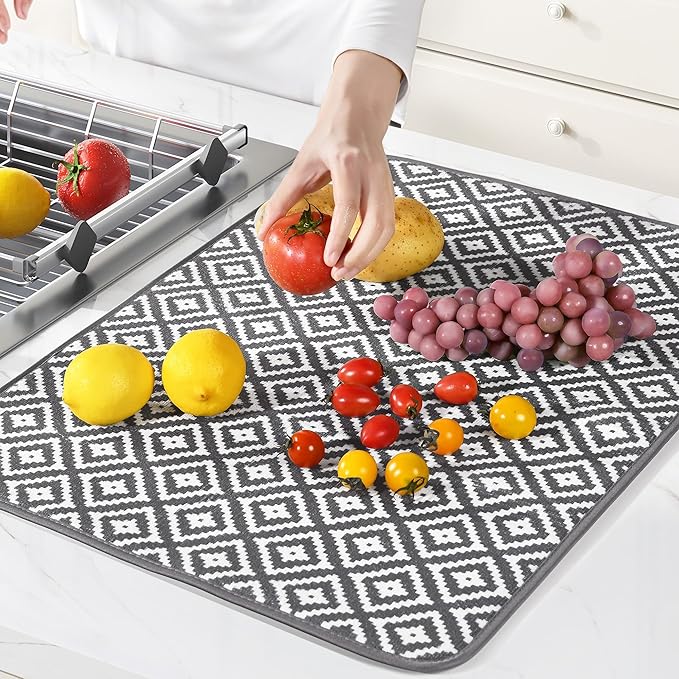 Subekyu 2 Pack Dish Drying Mat, 24*18 inch Ultra Absorbent Microfiber Dishes Drainer Mats for Kitchen Counter, Large Size Dish Drying Pad with Rhombus patterns - Image 3