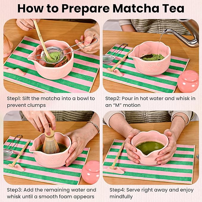 NOVANIA Pink Matcha Whisk Set - 10Pcs Premium Japanese Bamboo Matcha Kit with Bowl, Whisk Holder, Scoop, Sifter, Scoop Holder, Tea Cloth, Canister, Straw and Brush - Complete Set for Tea Lovers