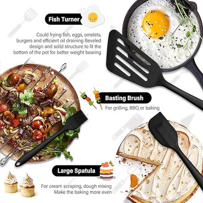HaWare 11 PCS Silicone Cooking Utensils Set, Heat Resistant Kitchen Utensils with Holder, Food-grade Spatula Sets for Nonstick Cookware, Kitchen Tools Gadgets Include Fish Turner, Spoon (Black) - Image 6