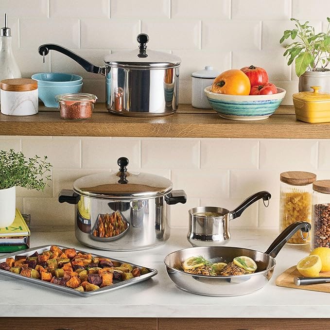 Farberware Classic Series Stainless Steel Pots and Pans with Baking Sheet Pan, Cooking Tools, and Lids, Induction Ready, Dishwasher Safe, 10 Piece Cookware Set, Metal Utensil Safe - Stainless Steel - Image 3