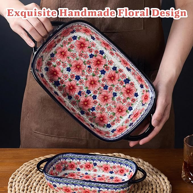 Ceramic Casserole Dishes for Oven, Hand-painted Polish Pottery Baking Dish Set of 2, 0.8QT / 2QT Porcelain Casserole Dishes with Handles, Baking Pan Lasagna Pan, Gift for Family/Friend (Red) - Image 2