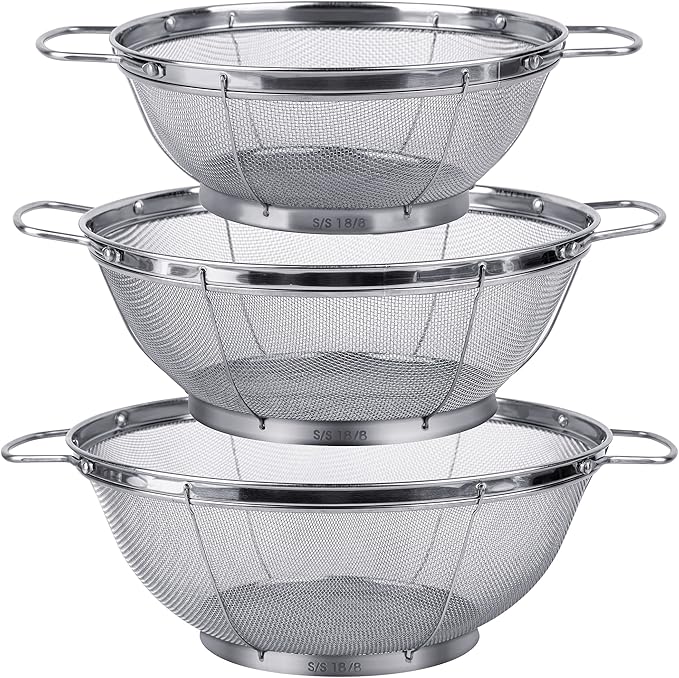 3 Pack 18/8 Stainless Steel Colander Sieves(5-Quart, 4-Quart and 3-Quart), Mesh Strainer Net Baskets with Handles & Resting Base for Strain, Drain, Rinse or Steam by Tiawudi