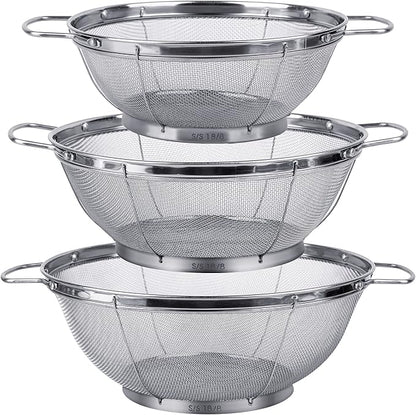 3 Pack 18/8 Stainless Steel Colander Sieves(5-Quart, 4-Quart and 3-Quart), Mesh Strainer Net Baskets with Handles & Resting Base for Strain, Drain, Rinse or Steam by Tiawudi