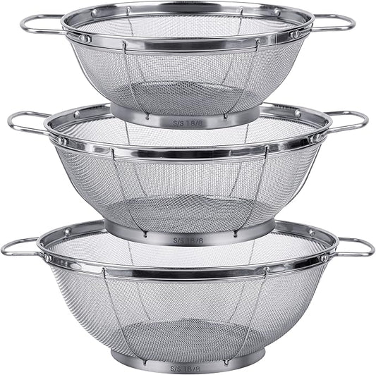 3 Pack 18/8 Stainless Steel Colander Sieves(5-Quart, 4-Quart and 3-Quart), Mesh Strainer Net Baskets with Handles & Resting Base for Strain, Drain, Rinse or Steam by Tiawudi