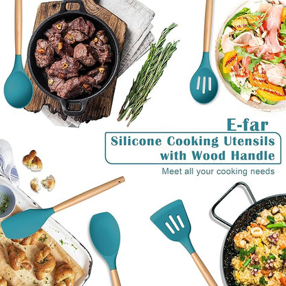 E-far Silicone Cooking Utensils Set, 5-Piece Kitchen Utensils Set with Wooden Handle for Cooking, Silicone Kitchen Nonstick Tools Spatula Turner Slotted Spoons, Nontoxic & Heat Resistant-Blue - Image 6