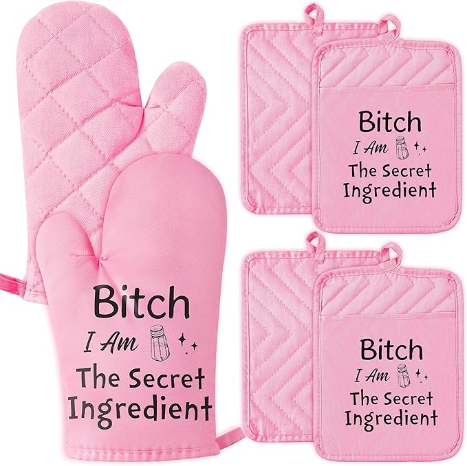 GROBRO7 6Pcs Funny Oven Mitts Pot Holders Baking Gift, I Am The Secret Ingredient Resistant Hot Pad Machine Washable Gloves with Hanging Pocket Potholder for Friend Women Gift for Love Kitchen Cooking by GROBRO7