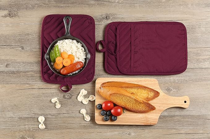 Oven Pot Holder with Pocket Cotton Heat Resistant Coaster Potholder Kitchen Hot Pad Oven Mitts for Cooking Square 7"x9"Set of 5 (Burgundy red, 5) - Image 6