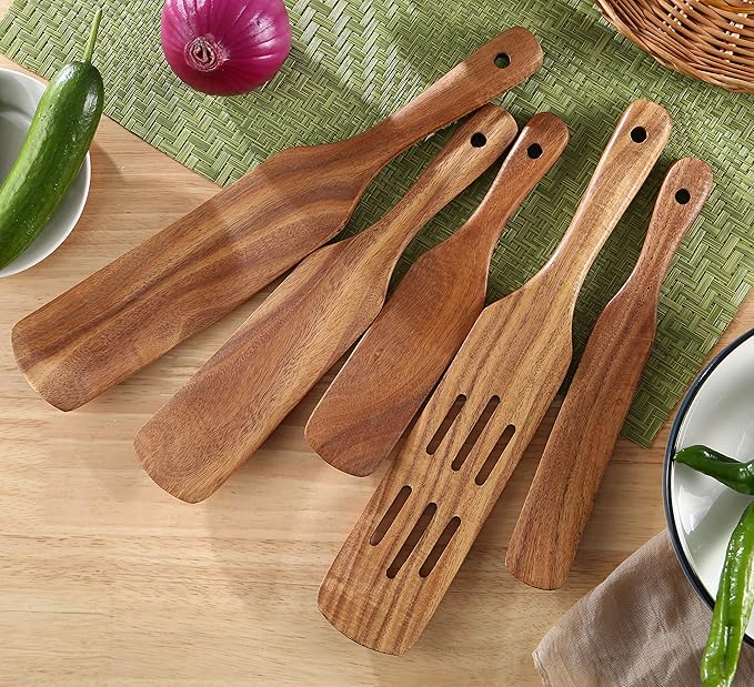 MESSON Wooden Spurtle Set, 5 Pcs Premium Wood Spurtles Kitchen Tools Wooden Spatula Spoons Utensils Set for Nonstick Cookware Instant Pot Cooking Baking - Image 3